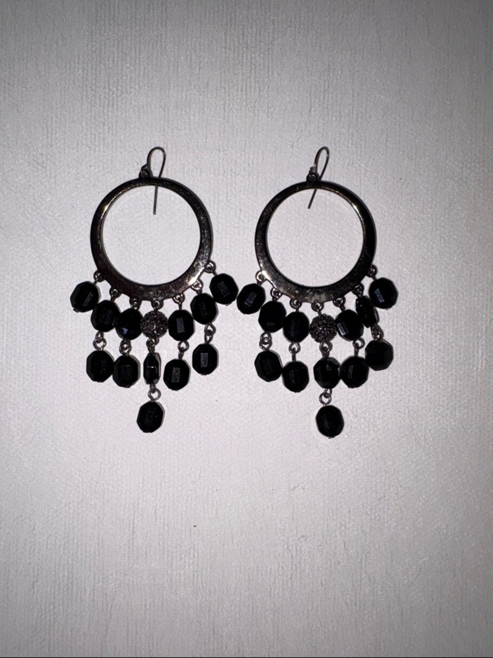 Silver Hoop Dangle Earrings with Black Beads